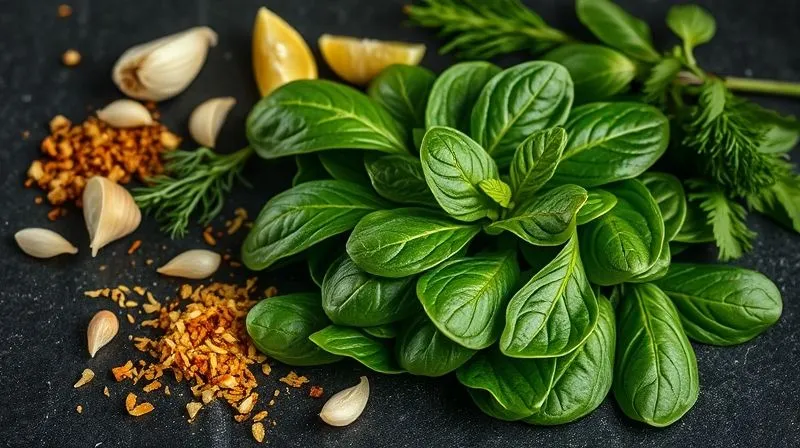 A close-up, photorealistic, professional photography, 8K, cinematic lighting, sharp focus, depth of field, shot on a high-end DSLR image of various fresh herbs and spices (garlic cloves, lemon wedges, nutmeg, chili flakes, fresh dill, basil) arranged artfully around a small pile of vibrant green, steamed spinach, emphasizing flavor without fat, on a dark, textured background.