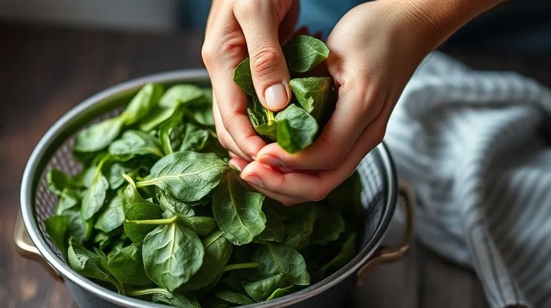 A photorealistic, professional photography, 8K, cinematic lighting, sharp focus, depth of field, shot on a high-end DSLR image showing a hand squeezing excess water from a pile of defrosted spinach over a colander, with a clean kitchen towel nearby, emphasizing the importance of preparation steps for a dry, flavorful outcome.