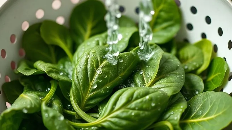A close-up, photorealistic image of fresh, vibrant spinach leaves being rinsed under gentle running water in a colander, with water droplets glistening, professional photography, 8K, cinematic lighting, sharp focus, depth of field, shot on a high-end DSLR.