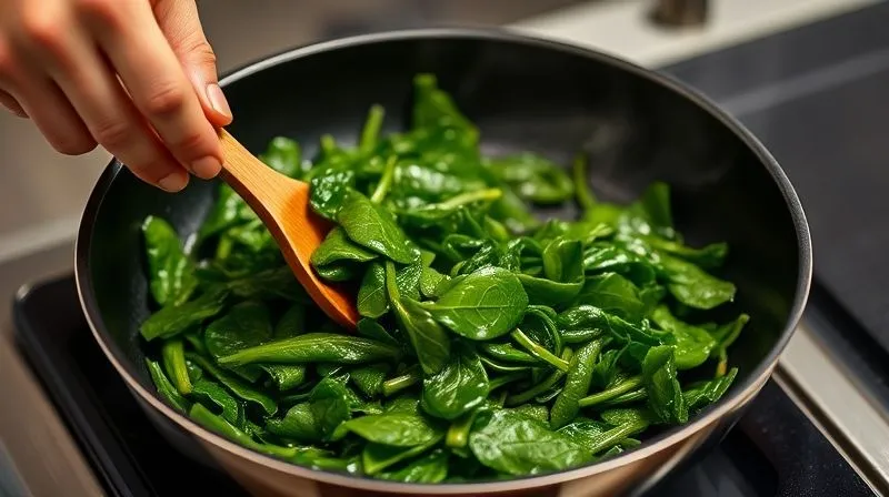 A photorealistic image of a chef's hand gently stirring vibrant green spinach in a non-stick pan with minimal steam rising, using a wooden spoon, professional photography, 8K, cinematic lighting, sharp focus, depth of field, shot on a high-end DSLR.