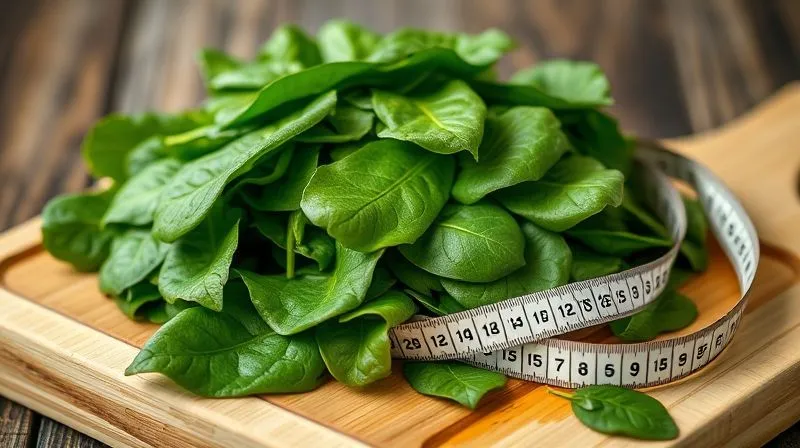 photorealistic, professional photography, 8K, cinematic lighting, sharp focus, depth of field, shot on a high-end DSLR, a vibrant green pile of fresh spinach leaves on a wooden cutting board, with a small measuring tape subtly placed beside it, evoking health and weight loss benefits