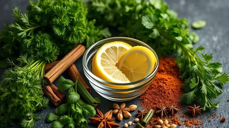 photorealistic, professional photography, 8K, cinematic lighting, sharp focus, depth of field, shot on a high-end DSLR, a variety of fresh herbs (parsley, dill, mint) and spices (nutmeg, cumin, coriander) arranged artfully around a small bowl of lemon wedges, representing flavor enhancers