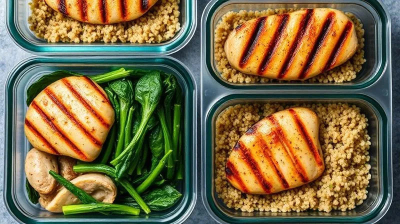 photorealistic, professional photography, 8K, cinematic lighting, sharp focus, depth of field, shot on a high-end DSLR, neatly arranged meal prep containers with low-fat braised spinach, grilled chicken, and quinoa, symbolizing healthy meal planning and consistency