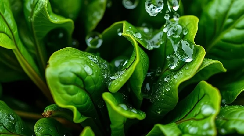 A close-up of fresh, vibrant spinach leaves being gently washed under running water, with water droplets glistening. Professional photography, 8K, cinematic lighting, sharp focus, depth of field, shot on a high-end DSLR.