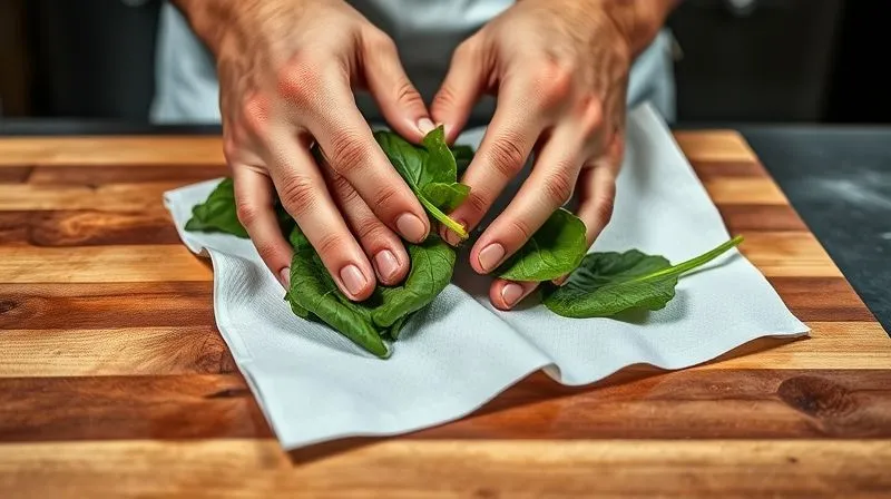 A chef's hands gently patting freshly washed spinach leaves dry with a paper towel on a wooden cutting board. Professional photography, 8K, cinematic lighting, sharp focus, depth of field, shot on a high-end DSLR.