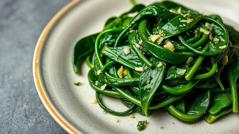 A perfectly plated portion of vibrant, non-watery sautéed spinach with finely chopped garlic and a sprinkle of fresh herbs, served on a light ceramic plate. Professional photography, 8K, cinematic lighting, sharp focus, depth of field, shot on a high-end DSLR.