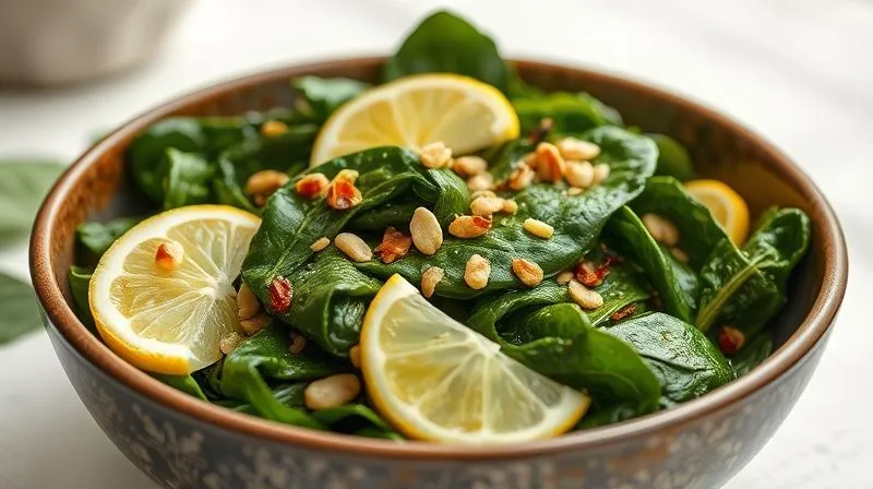 Photorealistic, professional photography, 8K image of a beautifully presented bowl of braised low-fat spinach, garnished with fresh lemon wedges and a sprinkle of toasted pine nuts (optional, for texture). The spinach is vibrant green, tender, and perfectly seasoned, with visible garlic slices and chili flakes. The setting is bright and airy, with soft cinematic lighting emphasizing the freshness and health. Sharp focus on the dish, shallow depth of field. Shot on a high-end DSLR, evoking a sense of delicious, healthy eating.