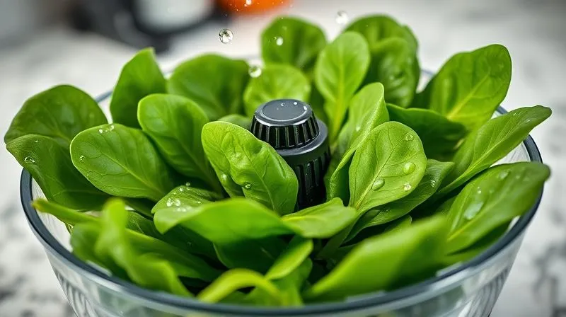 A close-up, photorealistic shot of vibrant green fresh spinach leaves being thoroughly dried in a salad spinner, with water droplets visibly flying off. The background is a clean, modern kitchen counter. Shot on a high-end DSLR, 8K, cinematic lighting, sharp focus, depth of field.