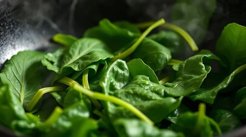 A close-up, photorealistic shot of vibrant green spinach leaves sizzling in a hot, non-stick pan, with wisps of steam rising. The focus is on the dynamic cooking process, showing the leaves wilting and releasing moisture. Shot on a high-end DSLR, 8K, cinematic lighting, sharp focus, depth of field.