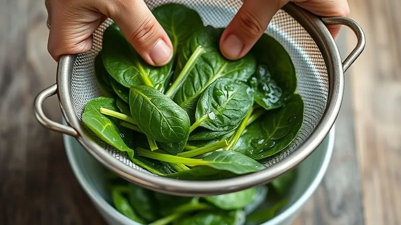A photorealistic, professional photography image of a pair of hands gently but firmly pressing blanched spinach in a fine-mesh sieve over a bowl, with droplets of water falling into the bowl. The focus is on the action of removing excess moisture. Shot on a high-end DSLR, 8K, cinematic lighting, sharp focus, depth of field.