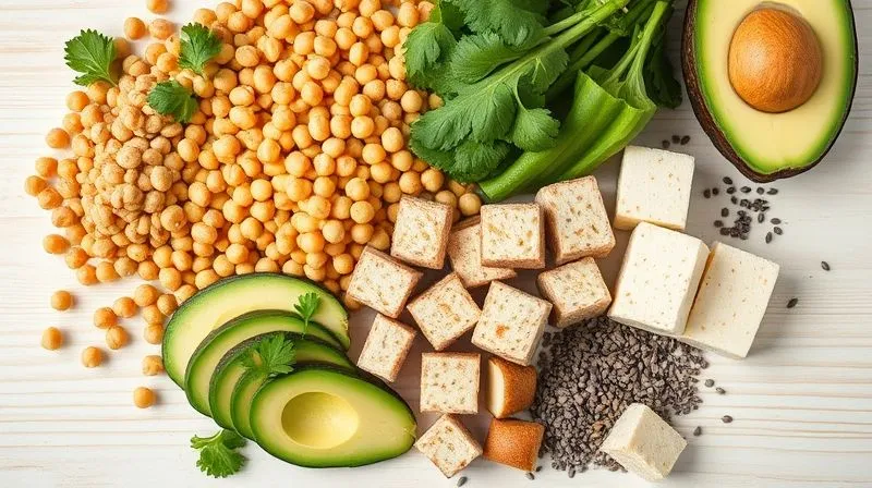A vibrant, photorealistic overhead shot of various plant-based protein sources like cooked lentils, chickpeas, and cubed tofu, alongside healthy fats like avocado slices and chia seeds, all arranged neatly on a light wooden background. Professional photography, 8K, cinematic lighting, sharp focus, depth of field, shot on a high-end DSLR.