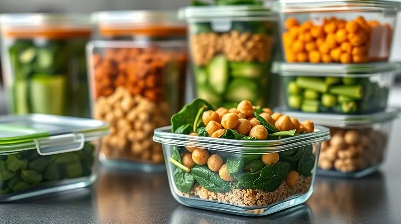 A photorealistic, professional photography shot of a well-organized meal prep setup, featuring several transparent containers filled with different healthy meals. One container prominently displays a portion of vibrant, sautéed spinach with chickpeas and quinoa. Bright, clean cinematic lighting, sharp focus on the food, depth of field blurring the kitchen background. 8K hyper-detailed, shot on a high-end DSLR.