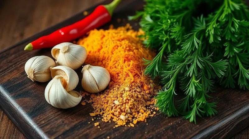 A close-up, photorealistic image of fresh herbs and spices (garlic cloves, red chili flakes, nutmeg, lemon zest, fresh dill, parsley) artfully arranged on a dark, rustic wooden board, with soft, directional cinematic lighting highlighting their textures. 8K, sharp focus, depth of field.