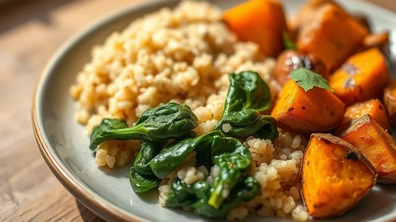 A photorealistic close-up of a vibrant, healthy vegan meal featuring stewed spinach, quinoa, and roasted sweet potatoes, artfully arranged on a minimalist ceramic plate. The scene is lit with natural, soft daylight, emphasizing fresh textures and inviting colors. 8K, sharp focus, depth of field.