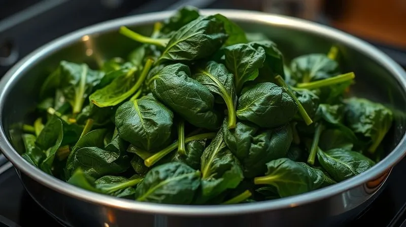 A photorealistic, professional photography, 8K, cinematic lighting, sharp focus, depth of field, shot on a high-end DSLR, of a sad-looking, watery pile of wilted spinach in a stainless steel pan, looking unappetizing and bland. The lighting is dim, emphasizing the lack of vibrancy and appeal.