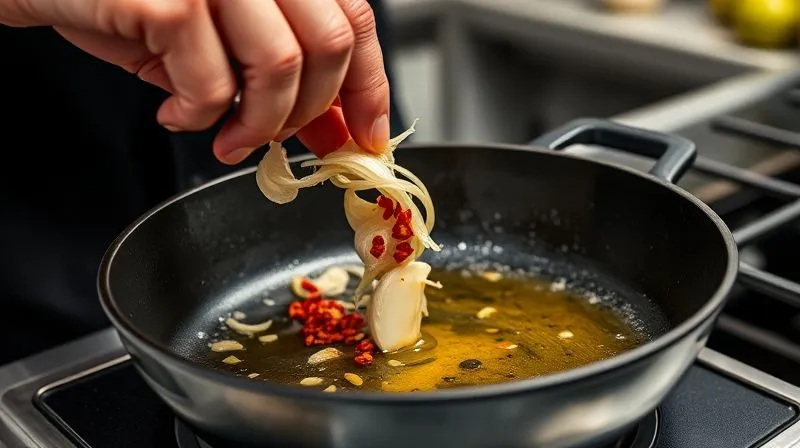 A photorealistic, professional photography, 8K, cinematic lighting, sharp focus, depth of field, shot on a high-end DSLR, of a skilled chef's hand gently adding thinly sliced fresh garlic and red chili flakes to a hot cast-iron pan, where a small amount of olive oil is shimmering. The focus is on the aromatic ingredients sizzling, with a blurred background of a modern kitchen.