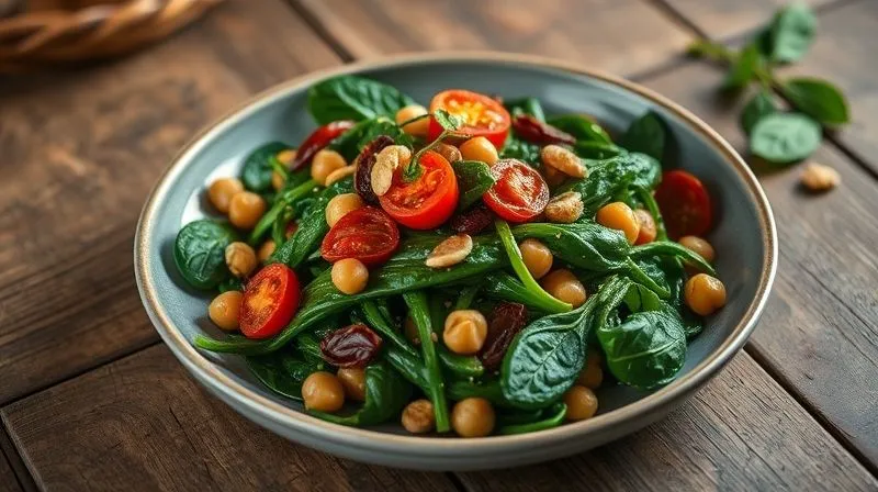 A photorealistic, professional photography, 8K, cinematic lighting, sharp focus, depth of field, shot on a high-end DSLR, of a vibrant, perfectly plated dish of Mediterranean-style sautéed spinach. The spinach is rich green, adorned with sun-dried tomato strips, golden chickpeas, and a few halved cherry tomatoes. A sprinkle of toasted pine nuts adds texture. The dish is presented on a rustic wooden table with a soft, warm light.