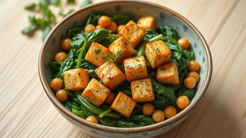 photorealistic, professional photography, 8K, cinematic lighting, sharp focus, depth of field, shot on a high-end DSLR, a vibrant bowl of stewed spinach with generous portions of golden pan-fried tofu cubes and cooked chickpeas, garnished with fresh herbs, on a light wooden background, emphasizing a balanced, protein-rich meal.