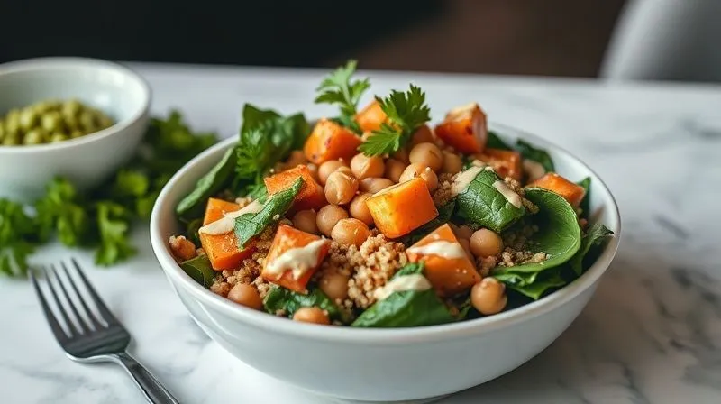 photorealistic, professional photography, 8K, cinematic lighting, sharp focus, depth of field, shot on a high-end DSLR, a vibrant, colorful vegan spinach bowl with quinoa, chickpeas, roasted sweet potato cubes, and a creamy tahini dressing, garnished with fresh parsley, on a modern dining table, representing a wholesome and satisfying weight-loss meal.