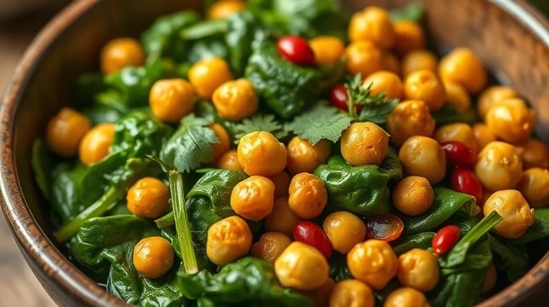 Photorealistic image of a vibrant bowl of stewed spinach mixed with golden roasted chickpeas and red lentils, garnished with fresh herbs, cinematic lighting, sharp focus, depth of field, 8K hyper-detailed, shot on a high-end DSLR.