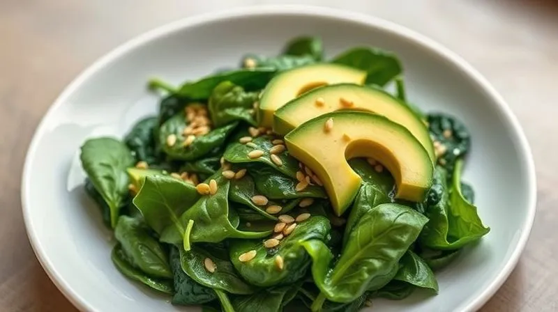 Photorealistic image of a vibrant green bowl of stewed spinach, topped with perfectly sliced ripe avocado and a sprinkle of sesame seeds. The dish is presented on a minimalist white plate, with soft, natural lighting, sharp focus, depth of field, 8K hyper-detailed, shot on a high-end DSLR.