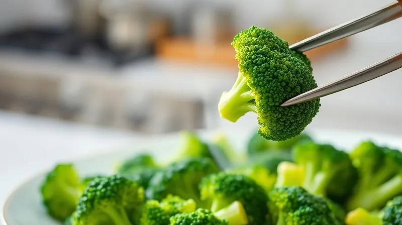 A vibrant, photorealistic image of freshly steamed broccoli florets arranged artfully on a clean white plate, with steam gently rising. A single, perfectly cooked floret is being lifted by elegant tongs. The background is softly blurred, suggesting a modern, minimalist kitchen. Cinematic lighting highlights the texture and rich green color of the broccoli. professional photography, 8K, sharp focus, depth of field, shot on a high-end DSLR.