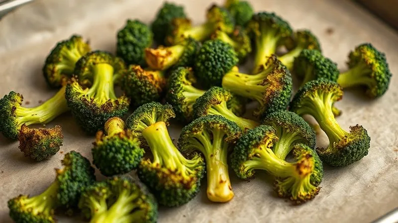A close-up, photorealistic image of perfectly roasted broccoli florets, lightly charred at the edges, on a baking sheet lined with parchment paper. The broccoli is vibrant green with hints of golden-brown, suggesting a rich, caramelized flavor without oil. Cinematic lighting, professional photography, 8K, sharp focus, depth of field, shot on a high-end DSLR.