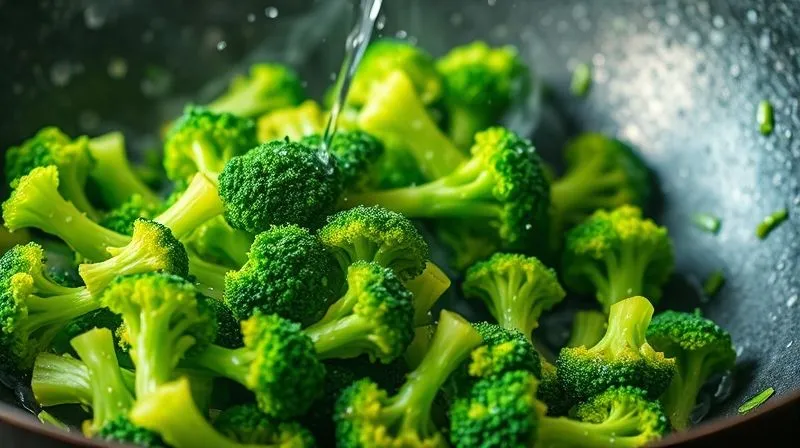 A dynamic, photorealistic image of bright green broccoli florets being stir-fried in a wok with a splash of water or broth, creating a light steam. The scene suggests rapid, healthy cooking with vibrant colors. Professional photography, 8K, cinematic lighting, sharp focus on the sizzling broccoli, depth of field blurring other fresh Asian ingredients in the background, shot on a high-end DSLR.