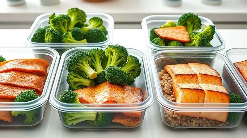 A beautifully organized meal prep scene featuring several clear containers. Each container holds vibrant, perfectly cooked broccoli florets alongside lean protein (like grilled chicken breast or baked salmon) and a portion of quinoa or brown rice. The setting is a clean, modern kitchen counter with natural light. Photorealistic, professional photography, 8K, cinematic lighting, sharp focus, depth of field, shot on a high-end DSLR.