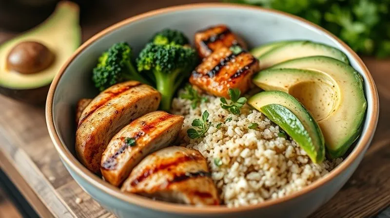 A vibrant, healthy bowl of food featuring perfectly steamed broccoli, grilled chicken, quinoa, and sliced avocado, artfully arranged for a photorealistic culinary shot, with soft, natural light, sharp focus, depth of field, 8K, shot on a high-end DSLR.