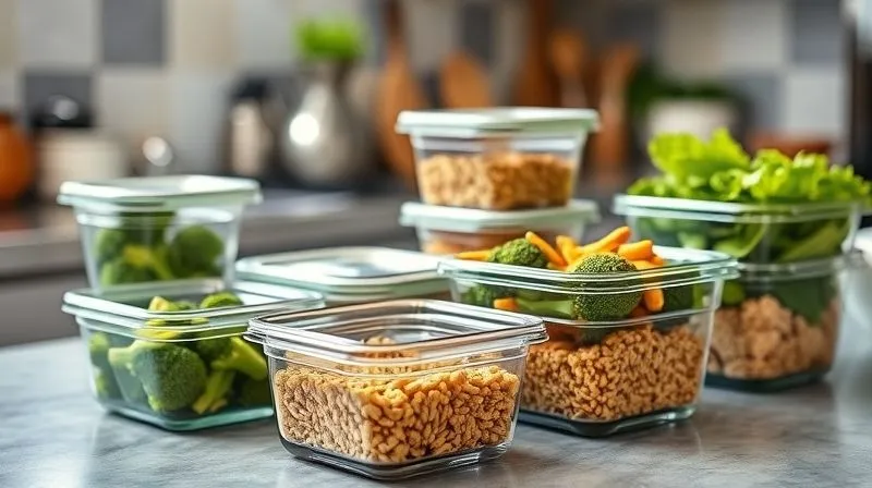 A neatly organized meal prep scene on a kitchen counter, with several glass containers filled with healthy, portioned meals including broccoli, lean protein, and grains, professional photography, bright natural light, sharp focus, depth of field, 8K, shot on a high-end DSLR.