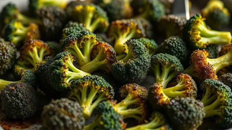 A close-up, photorealistic, professional photography image of perfectly roasted broccoli florets with slightly charred edges, seasoned with herbs and spices, on a rustic baking sheet. Cinematic lighting, sharp focus, depth of field, 8K hyper-detailed, shot on a high-end DSLR, emphasizing deliciousness and healthy cooking.