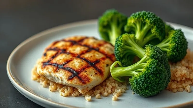 A vibrant, photorealistic, professional photography image of a healthy, low-fat meal featuring perfectly cooked green broccoli florets as a prominent side, alongside a piece of grilled lean chicken breast and a small portion of quinoa. The meal is beautifully arranged on a modern plate, with cinematic lighting, sharp focus on the food, and a blurred background. 8K hyper-detailed, shot on a high-end DSLR, conveying health, flavor, and satisfaction.