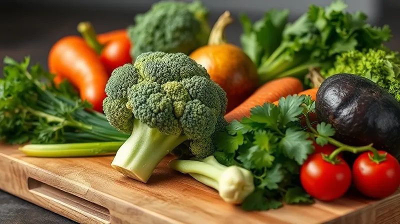 A conceptual, photorealistic image depicting a vibrant, diverse array of fresh vegetables and herbs, with broccoli florets prominently featured, arranged artfully on a wooden cutting board. The scene should convey variety, health, and culinary inspiration, with cinematic lighting, sharp focus on the ingredients, and a gentle depth of field. 8K hyper-detailed, shot on a high-end DSLR, inspiring creativity in healthy cooking.