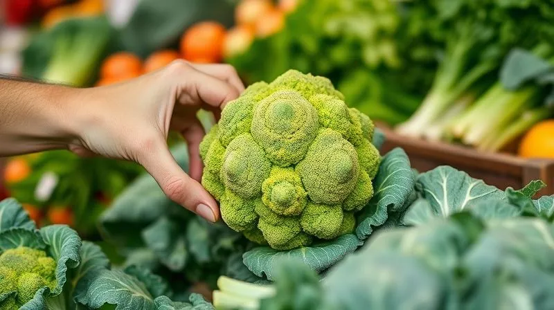 Photorealistic image of a hand selecting a vibrant, fresh green broccoli head from a market stall, with other fresh vegetables in the blurred background. Natural daylight, sharp focus on the broccoli, 8K hyper-detailed, professional photography.
