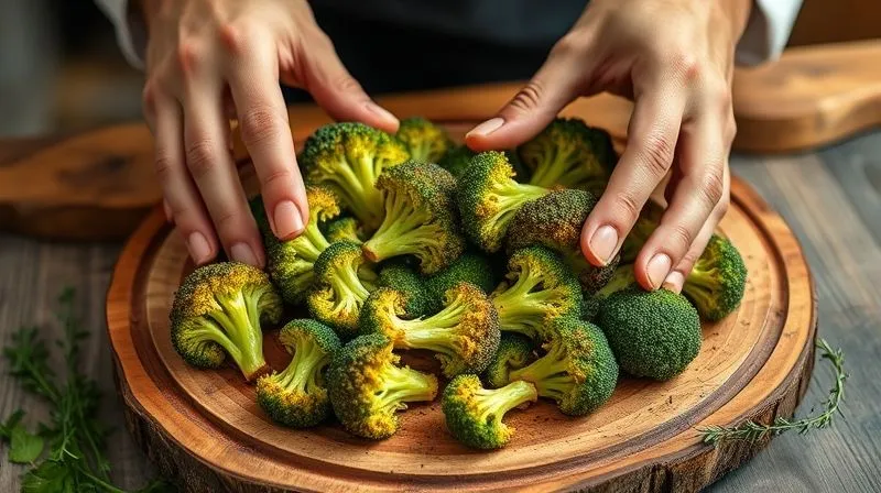 Photorealistic image of a professional chef's hands carefully arranging perfectly baked broccoli florets on a rustic wooden board, garnished with fresh herbs. The broccoli has visible crispy edges and a vibrant green color. Soft, warm kitchen lighting, professional food photography, 8K hyper-detailed.