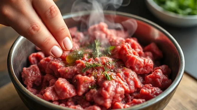 Photorealistic, professional photography, 8K, cinematic lighting, sharp focus, depth of field, shot on a high-end DSLR, a close-up of fresh, lean ground beef in a bowl, with a hand gently mixing in marinade ingredients like herbs and olive oil, steam subtly rising, emphasizing preparation and freshness.