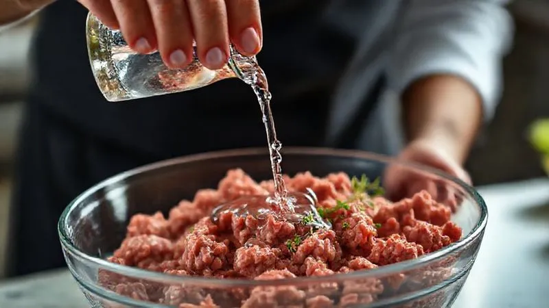 Photorealistic, professional photography, 8K, cinematic lighting, sharp focus, depth of field, shot on a high-end DSLR, a close-up of a chef's hand gently pouring a small amount of sparkling water into a bowl of lean ground meat mixture, ready for forming patties. The meat mixture looks well-bound and moist, with a hint of fresh herbs.