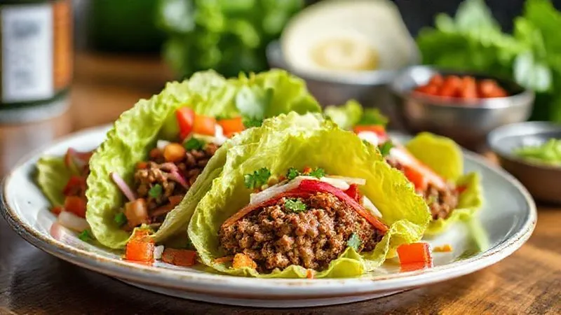 Photorealistic, professional photography, 8K, cinematic lighting, sharp focus, depth of field, shot on a high-end DSLR, a vibrant and appealing plate of lean ground meat tacos or lettuce wraps, showcasing fresh ingredients, colorful salsas, and a perfectly cooked, moist meat filling. The dish looks healthy, delicious, and far from 'boring'.