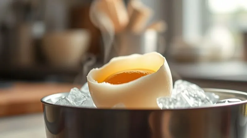 A close-up, photorealistic image of a perfectly soft-boiled egg being gently placed into an ice bath, steam still rising slightly, cinematic lighting highlighting the contrast between hot and cold, sharp focus on the egg, depth of field blurring the kitchen background, professional photography, 8K, shot on a high-end DSLR.