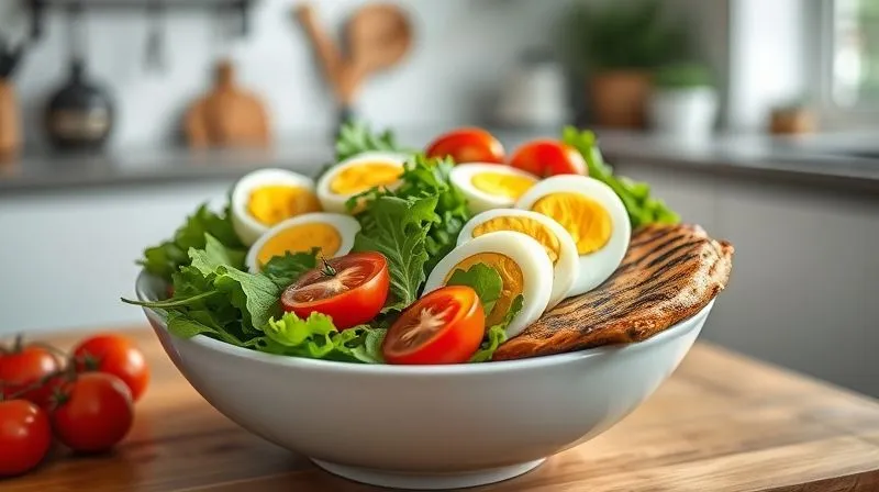 A vibrant, photorealistic image of a colourful fitness salad bowl with sliced soft-boiled eggs, mixed greens, cherry tomatoes, and grilled chicken, bathed in natural light, sharp focus on the food, depth of field blurring a minimalist kitchen background, professional photography, 8K, shot on a high-end DSLR.
