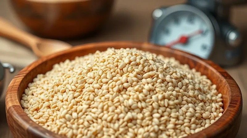 A close-up, photorealistic image of raw bulgur wheat grains in a wooden bowl, with a blurred background of a measuring spoon and a scale, emphasizing precision in healthy cooking. professional photography, 8K, cinematic lighting, sharp focus, depth of field, shot on a high-end DSLR.