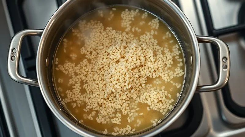 A photorealistic overhead shot of a stainless steel pot on a stove, with bulgur wheat simmering gently in a clear broth, steam rising, illustrating a precise cooking process. professional photography, 8K, cinematic lighting, sharp focus, depth of field, shot on a high-end DSLR.