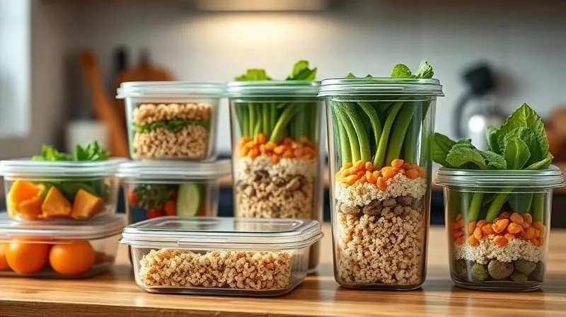 A photorealistic image of a healthy meal prep setup on a kitchen counter, with several glass containers filled with bulgur-based meals, fresh vegetables, and lean protein, ready for the week. The scene is well-lit, organized, and inviting. professional photography, 8K, cinematic lighting, sharp focus, depth of field, shot on a high-end DSLR.