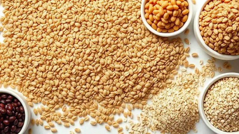 A professional, photorealistic flat lay image showing a variety of buckwheat groats (roasted and unroasted), alongside small bowls of protein-rich ingredients like lentils and quinoa, and fiber-rich elements like flaxseeds and oats. The image should highlight the nutritional components, with clean, bright cinematic lighting, sharp focus on the textures of the ingredients, and a subtle depth of field. 8K hyper-detailed, shot on a high-end DSLR.