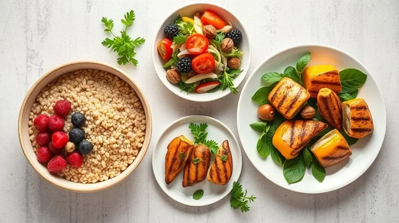 A vibrant, photorealistic flat lay of three distinct dishes featuring buckwheat groats. One bowl contains a sweet breakfast porridge with berries and nuts. Another bowl presents a fresh, colorful salad with grilled chicken and vegetables. The third dish is a savory main course, perhaps stuffed bell peppers or a stir-fry, all beautifully plated with cinematic lighting, sharp focus on the textures, and a shallow depth of field. 8K hyper-detailed, professional photography, shot on a high-end DSLR.