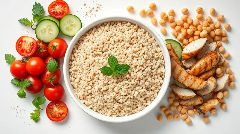 A professional, photorealistic flat lay image showcasing a bowl of perfectly cooked buckwheat groats surrounded by a selection of healthy, low-calorie toppings. On one side, vibrant fresh vegetables like cherry tomatoes, cucumber slices, and fresh herbs. On the other, lean protein sources such as grilled chicken strips and chickpeas. A small drizzle of olive oil and a sprinkle of spices are visible. The setting is bright and clean with cinematic lighting, sharp focus on the food, and a shallow depth of field. 8K hyper-detailed, professional photography, shot on a high-end DSLR.