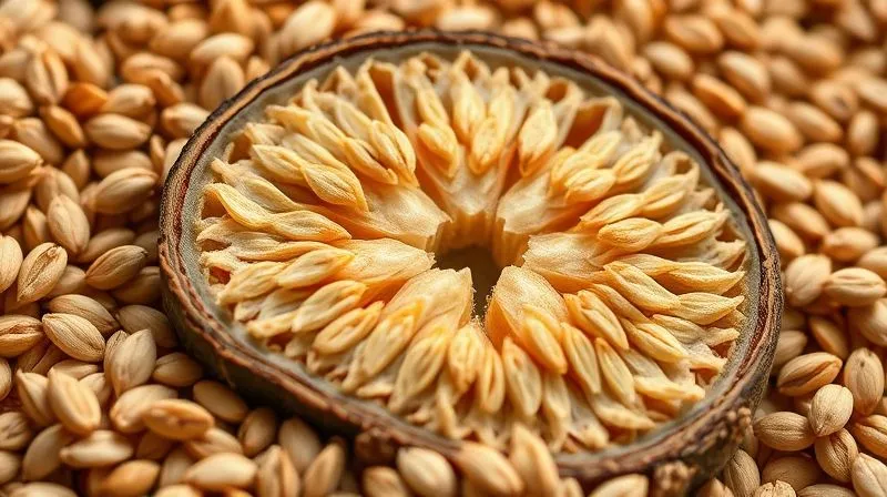 Photorealistic image of a cross-section of buckwheat groats grains, showing their internal structure, with an overlay of nutritional data (protein, fiber) represented by subtle, glowing icons. Macro photography, sharp focus, scientific yet appetizing, 8K, cinematic lighting, depth of field.