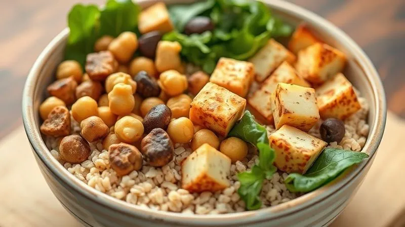 Photorealistic image of a vibrant, colorful bowl of buckwheat groats mixed with various plant-based protein sources like roasted chickpeas, smoked tofu cubes, and leafy greens. The ingredients are clearly visible and appetizing, emphasizing health and nutrition. Professional photography, 8K, cinematic lighting, sharp focus, depth of field.