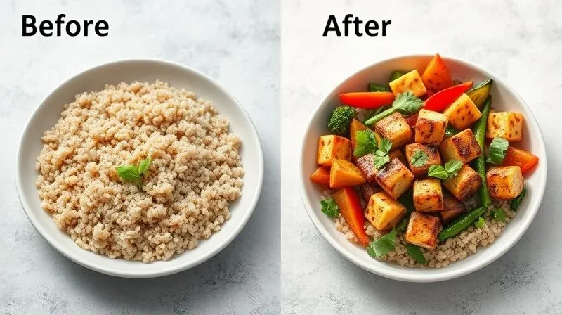 A photorealistic split image showing 'before' and 'after' meal plates. 'Before' plate has a plain, slightly greasy buckwheat with minimal vegetables. 'After' plate showcases a vibrant, perfectly cooked buckwheat bowl with grilled tofu, colorful roasted vegetables, and fresh herbs, looking healthy and appetizing. Professional photography, 8K, cinematic lighting, sharp focus, depth of field.